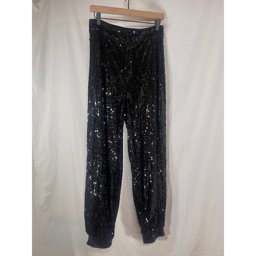 Black Sequin High Waisted Jogger Pants Tapered Evening Trousers Womens Large